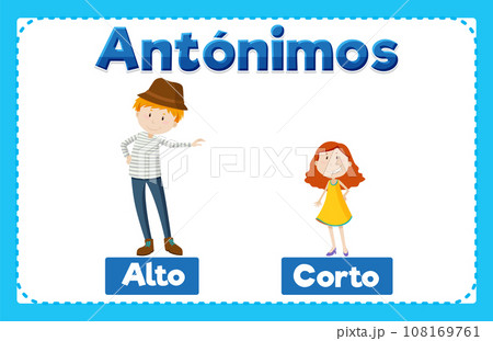 Alto and Corto: Antonym Word Card in Spanish means tall and short 108169761