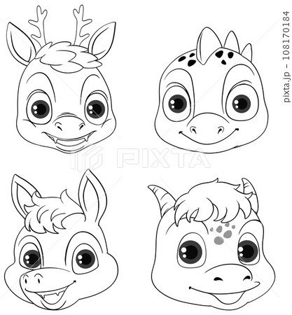 Set of dinosaur dragon cartoon facedoodle coloring character Set of dinosaur dragon cartoon facedoodle coloring character 108170184