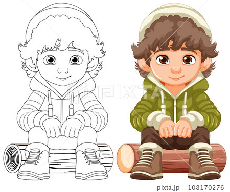 Cheerful Boy in Hoodie Sitting on Wooden Log 108170276
