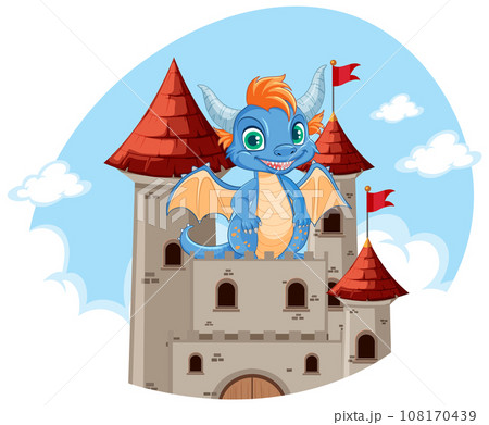 Dragon on Castle in Cartoon Style 108170439