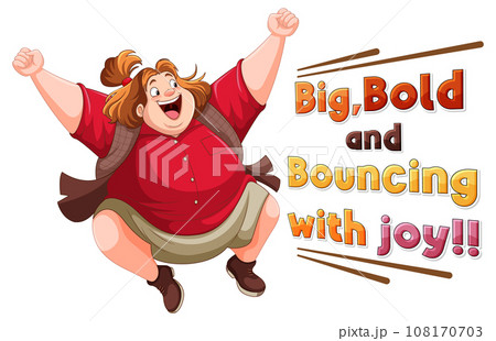 Happy woman with text big bold and bouncing with joy 108170703