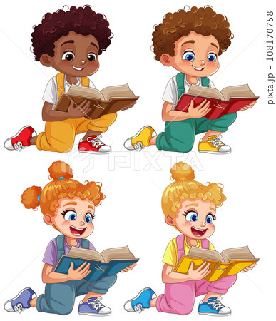 Set of boy and girl with curly hair in different skin colour reading a book 108170758