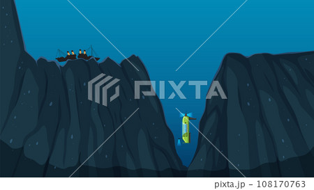 Submarine descending into mariana trench underwater Submarine descending into mariana trench underwater 108170763