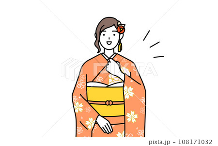 胸を叩く振袖姿の女性、お正月の初詣や成人式、卒業式や結婚式などで 胸を叩く振袖姿の女性、お正月の初詣や成人式、卒業式や結婚式などで 108171032