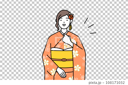 胸を叩く振袖姿の女性、お正月の初詣や成人式、卒業式や結婚式などで 胸を叩く振袖姿の女性、お正月の初詣や成人式、卒業式や結婚式などで 108171032