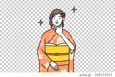 自信家のポーズを取る振袖姿の女性、お正月の初詣や成人式、卒業式や結婚式などで 108171035