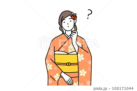 疑問を持って首をかしげる振袖姿の女性、お正月の初詣や成人式、卒業式や結婚式などで 疑問を持って首をかしげる振袖姿の女性、お正月の初詣や成人式、卒業式や結婚式などで 108171044