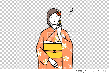 A woman in a long-sleeved kimono tilts her head in question, at a New Year's shrine visit, a coming-of-age ceremony, a graduation ceremony, a wedding, etc. 108171044