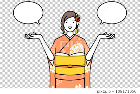 Women in long-sleeved kimonos with speech bubbles and comparisons, at New Year's shrine visits, coming-of-age ceremonies, graduation ceremonies, weddings, etc. 108171050