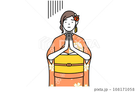 体の前で手を合わせて謝る振袖姿の女性、お正月の初詣や成人式、卒業式や結婚式などで 108171058