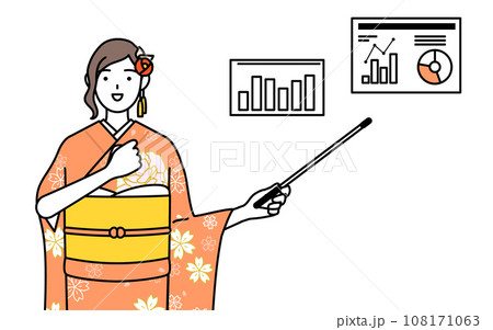 業績グラフを分析するす振袖姿の女性、お正月の初詣や成人式、卒業式や結婚式などで 108171063