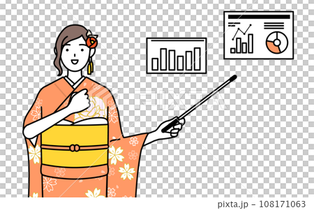 業績グラフを分析するす振袖姿の女性、お正月の初詣や成人式、卒業式や結婚式などで 108171063