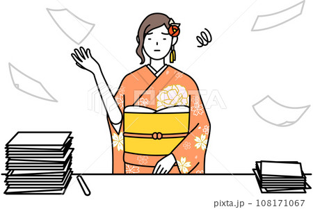 片付かない業務にうんざりする振袖姿の女性、お正月の初詣や成人式、卒業式や結婚式などで 片付かない業務にうんざりする振袖姿の女性、お正月の初詣や成人式、卒業式や結婚式などで 108171067