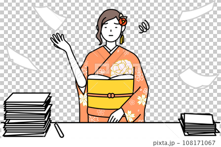 片付かない業務にうんざりする振袖姿の女性、お正月の初詣や成人式、卒業式や結婚式などで 片付かない業務にうんざりする振袖姿の女性、お正月の初詣や成人式、卒業式や結婚式などで 108171067