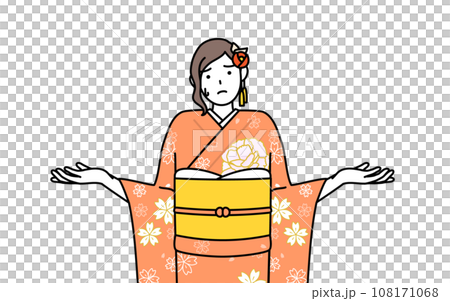 A woman in a long-sleeved kimono who is in trouble with her shoulders shrugged and her hands outstretched. 108171068