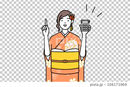 A woman in a long-sleeved kimono holding a calculator and pointing at it, at New Year's shrine visits, coming-of-age ceremonies, graduation ceremonies, weddings, etc. 108171069