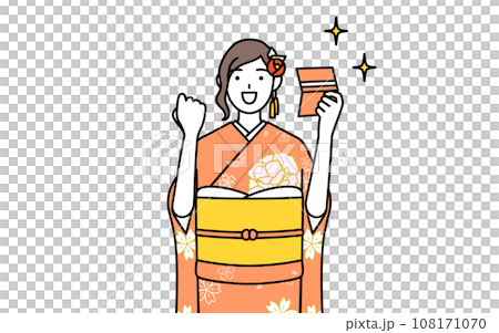 A woman in a long-sleeved kimono rejoices when she looks at her bankbook, and at New Year's shrine visit, coming-of-age ceremony, graduation ceremony, wedding ceremony, etc. 108171070