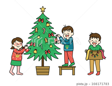 クリスマスツリーを飾る子供達のイラスト クリスマスツリーを飾る子供達のイラスト 108171783