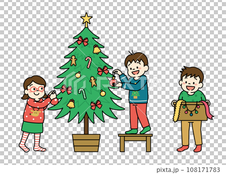 クリスマスツリーを飾る子供達のイラスト クリスマスツリーを飾る子供達のイラスト 108171783