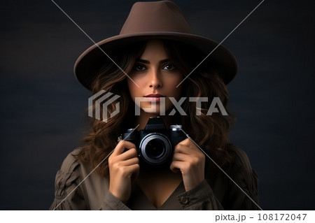 Portrait a woman in a hat holding a camera. Generative AI 108172047