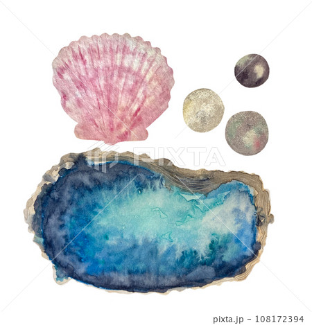 Watercolor set shells pearls isolated white Watercolor set shells pearls isolated white 108172394