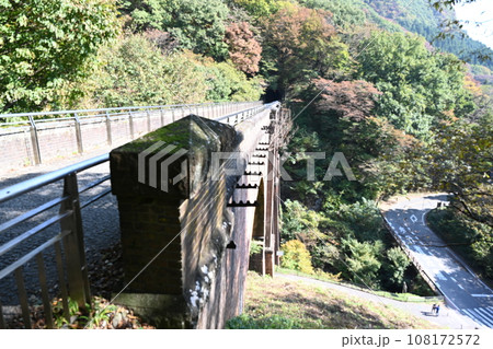 碓氷峠にある眼鏡橋付近の色付き始めた紅葉 108172572