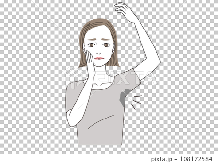 患有腋汗的女性,灰色衣服使腋汗更加突出。 患有腋汗的女性,灰色衣服使腋汗更加突出。 108172584