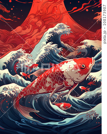 浮世絵 日本画 錦鯉 富士山 のイラスト素材 [108173987] - PIXTA