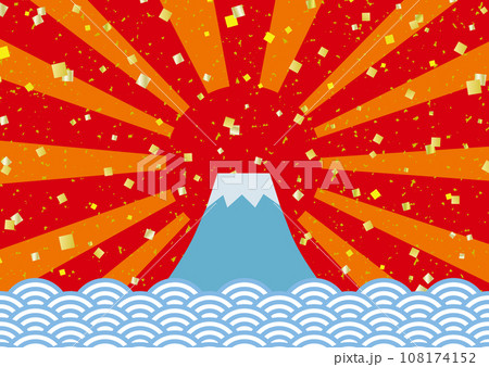 富士山 初日の出 青海波に金箔と紙吹雪の年賀状 背景/赤・朱色 富士山 初日の出 青海波に金箔と紙吹雪の年賀状 背景/赤・朱色 108174152