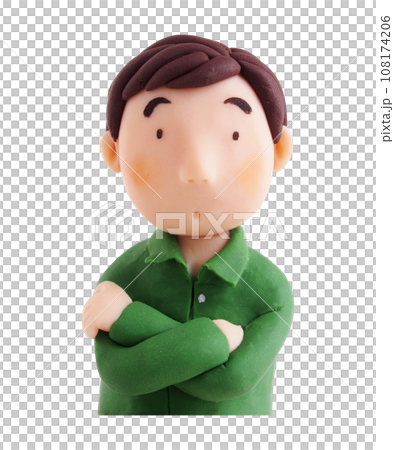 Front view of the upper body of a chubby man who looks a little worried with his arms crossed (clay 3D illustration) 108174206