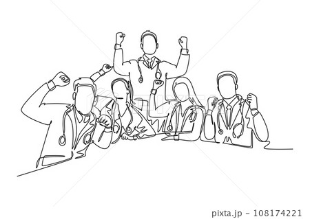 Single continuous line drawing group of male and female doctor celebrating their successful cure patient. Medical health care services concept. Dynamic one line draw graphic design vector illustration 108174221