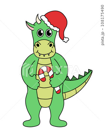 Cartoon Christmas and New Year Dragon character. Cute Dragon with candy cane and Santa hat. Vector flat illustration. Cartoon Christmas and New Year Dragon character. Cute Dragon with candy cane and Santa hat. Vector flat illustration. 108175490