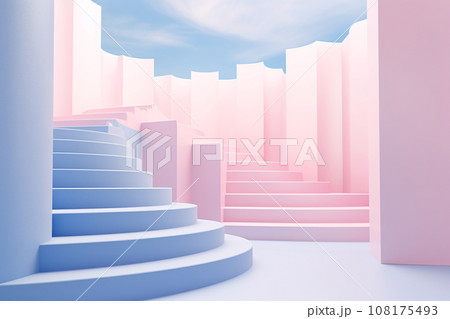 Pink Spiral Staircase Isolated on Blue Background 108175493