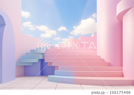 Pink Spiral Staircase Isolated on Blue Background 108175496