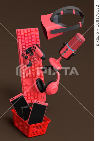 Gamer gears like mouse, keyboard, joystick, headset, VR in plastic wire basket 108176152