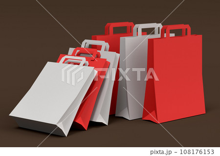 Shopping plastic basket for groceries with kraft paper bag on dark background. 108176153