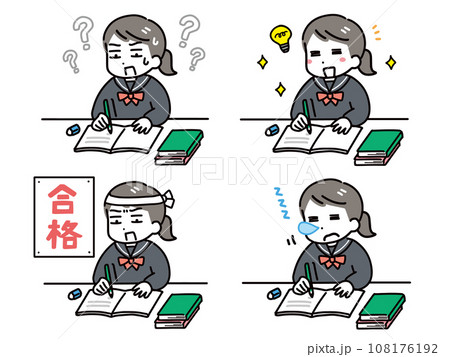 勉強する中学生の女の子の表情のセット(上半身) 勉強する中学生の女の子の表情のセット(上半身) 108176192