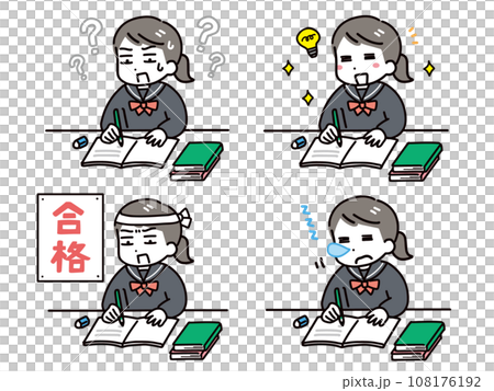 勉強する中学生の女の子の表情のセット(上半身) 勉強する中学生の女の子の表情のセット(上半身) 108176192
