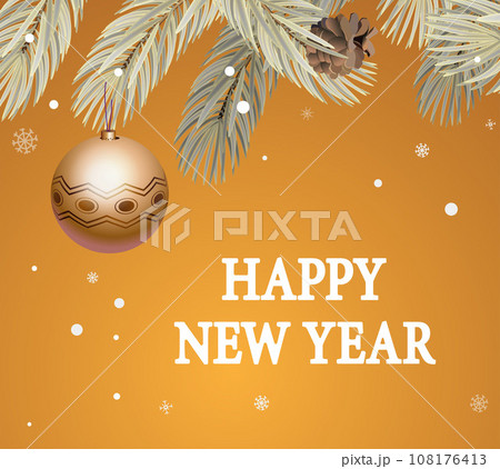 New Year's illustration with fir branches on a golden background and a golden ball. Vector. New Year's illustration with fir branches on a golden background and a golden ball. Vector. 108176413