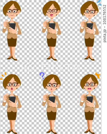 戴著眼鏡操作智慧型手機的女商人，6 種不同的臉部表情，全身 108176552