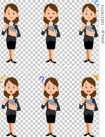 Business woman operating a smartphone, 6 different facial expressions, whole body 108176553