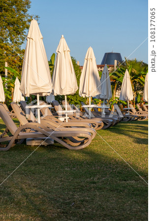 Relax on the hotel grounds or in the garden, green grass and tourist recreation. Sunbathing area with sun loungers, umbrellas, grass Relax on the hotel grounds or in the garden, green grass and tourist recreation. Sunbathing area with sun loungers, umbrellas, grass 108177065
