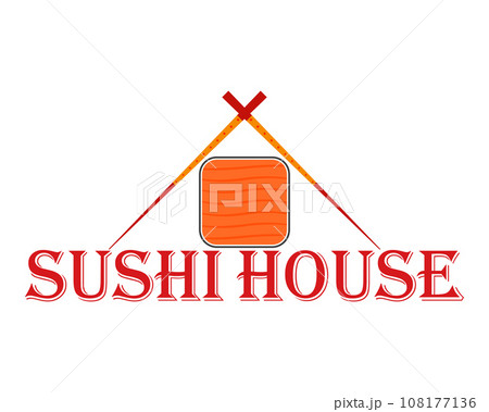 Sushi house logo. Vector illustration with chopsticks and sushi roll.  108177136