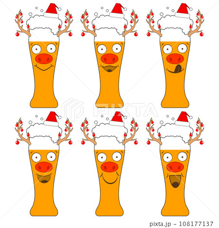Christmas beer glasses in santa claus hats with deer faces and garlands on horns. The funny characters laugh and smile. Isolated vector new year illustrations, icons on white background. Christmas beer glasses in santa claus hats with deer faces and garlands on horns. The funny characters laugh and smile. Isolated vector new year illustrations, icons on white background. 108177137
