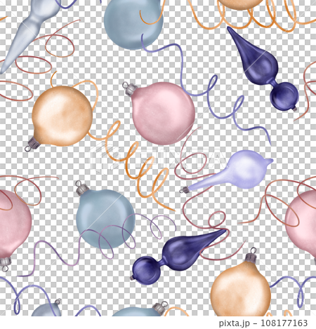 Christmas seamless pattern with Christmas ornaments, ball digital illustration isolated on white. Holiday symbol, serpentine hand drawn. Element for new year design wrapping, textile, background Christmas seamless pattern with Christmas ornaments, ball digital illustration isolated on white. Holiday symbol, serpentine hand drawn. Element for new year design wrapping, textile, background 108177163