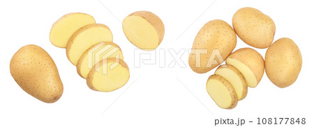 Young potato isolated on white background. Harvest new. Top view. Flat lay, Set or collection Young potato isolated on white background. Harvest new. Top view. Flat lay, Set or collection 108177848