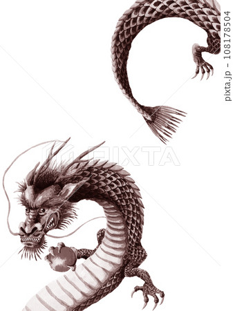 水墨画風セピアトーン玉を持つ龍のイラスト素材 [108178504] - PIXTA