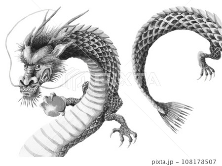 水墨画風玉を持つ龍 108178507