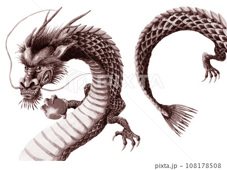 水墨画風セピアトーン玉を持つ龍のイラスト素材 [108178508] - PIXTA