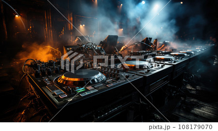 Expert adjusting audio mixing on stage with smoke in the background 108179070